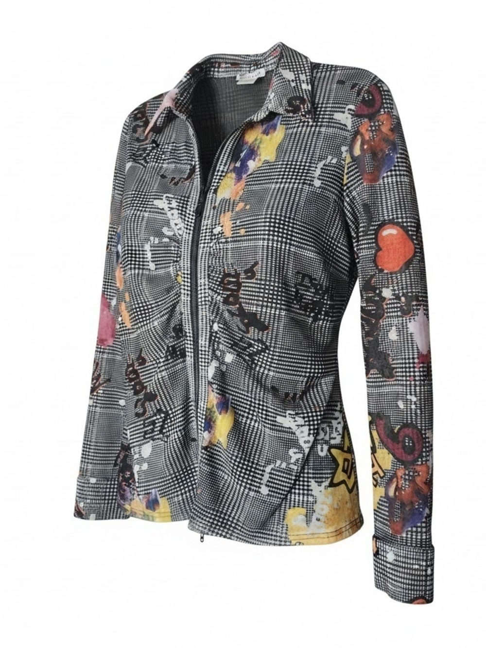Ooh La La Black Plaid Zip-Front Jacket with Multicolor Graphics